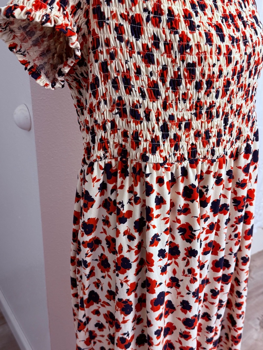 Smocked Maxi Dress in Cream with Red & Navy Floral Print
